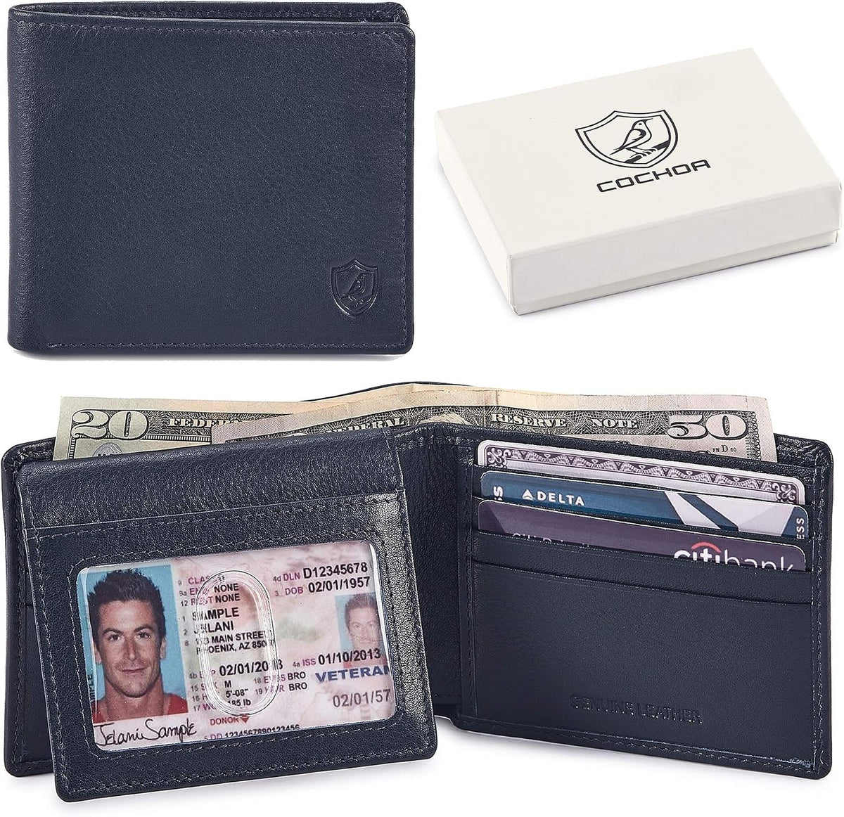 Cochoa Slim Leather Bifold Wallet in Midnight Navy Napa