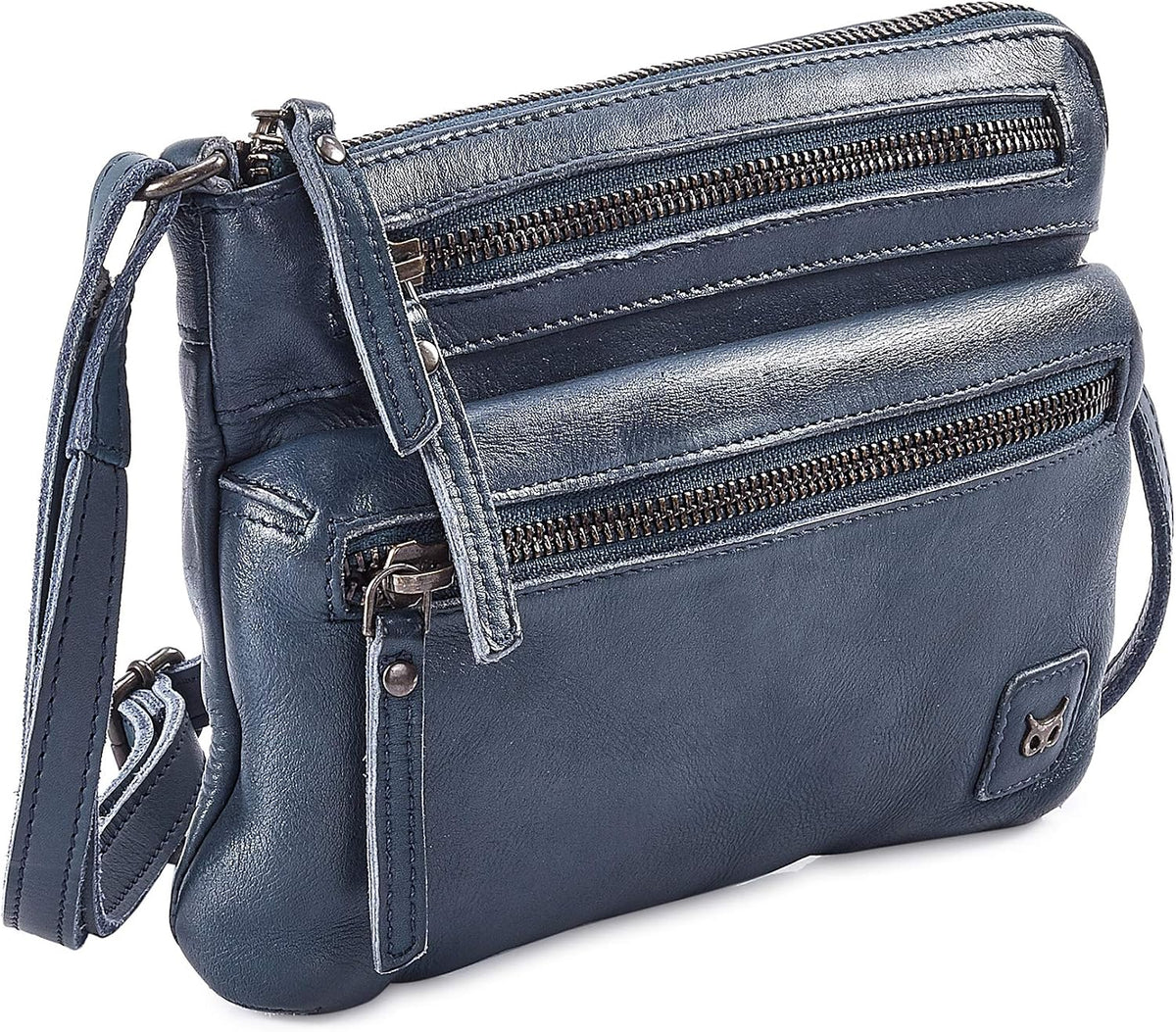 Wise Owl Accessories Small Leather Crossbody Bag in Ocean Blue Washed Vintage