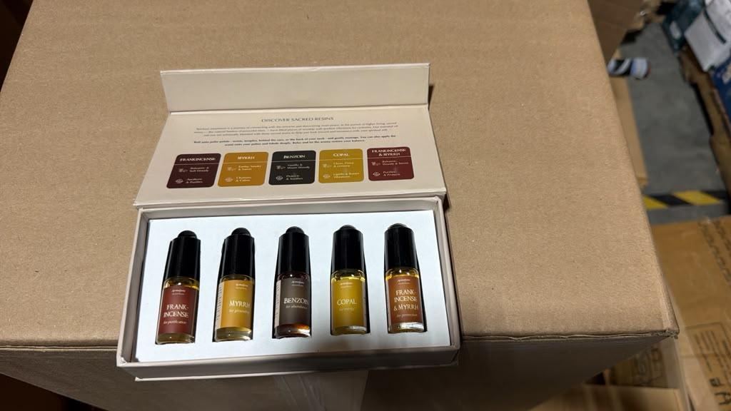 Aromafume Spiritual Awareness roll-on set open box with five resin blends