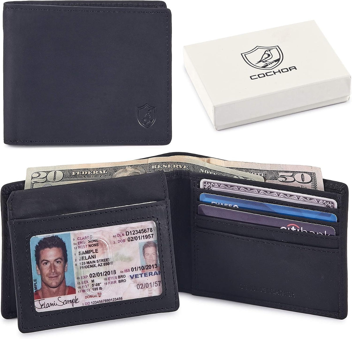 Cochoa Slim Leather Bifold Wallet in Black Crazy Horse