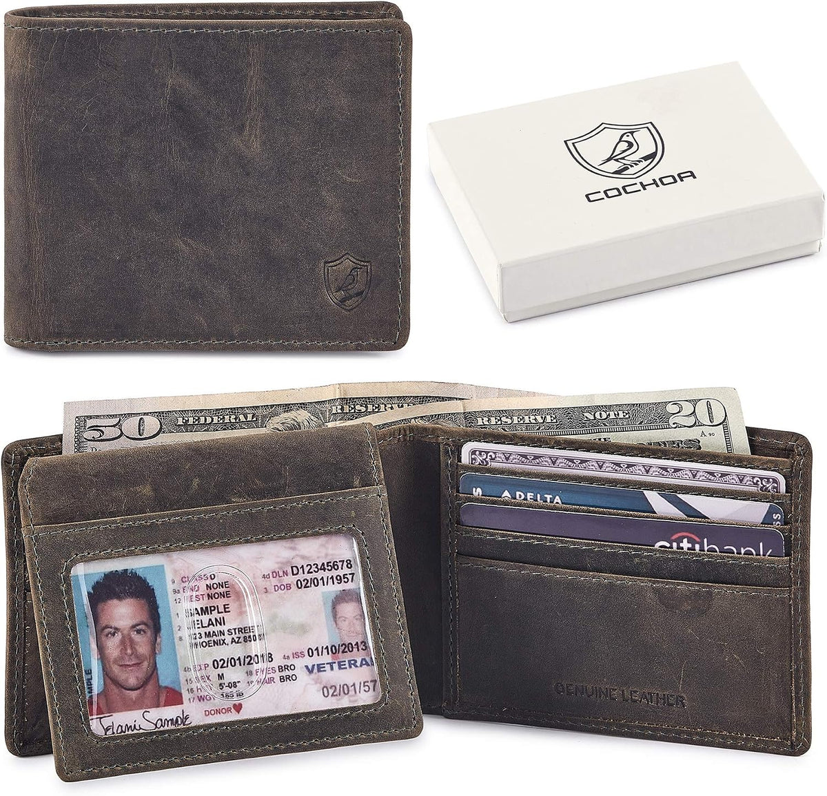 Cochoa Slim Leather Bifold Wallet in Moss Green Crazy Horse