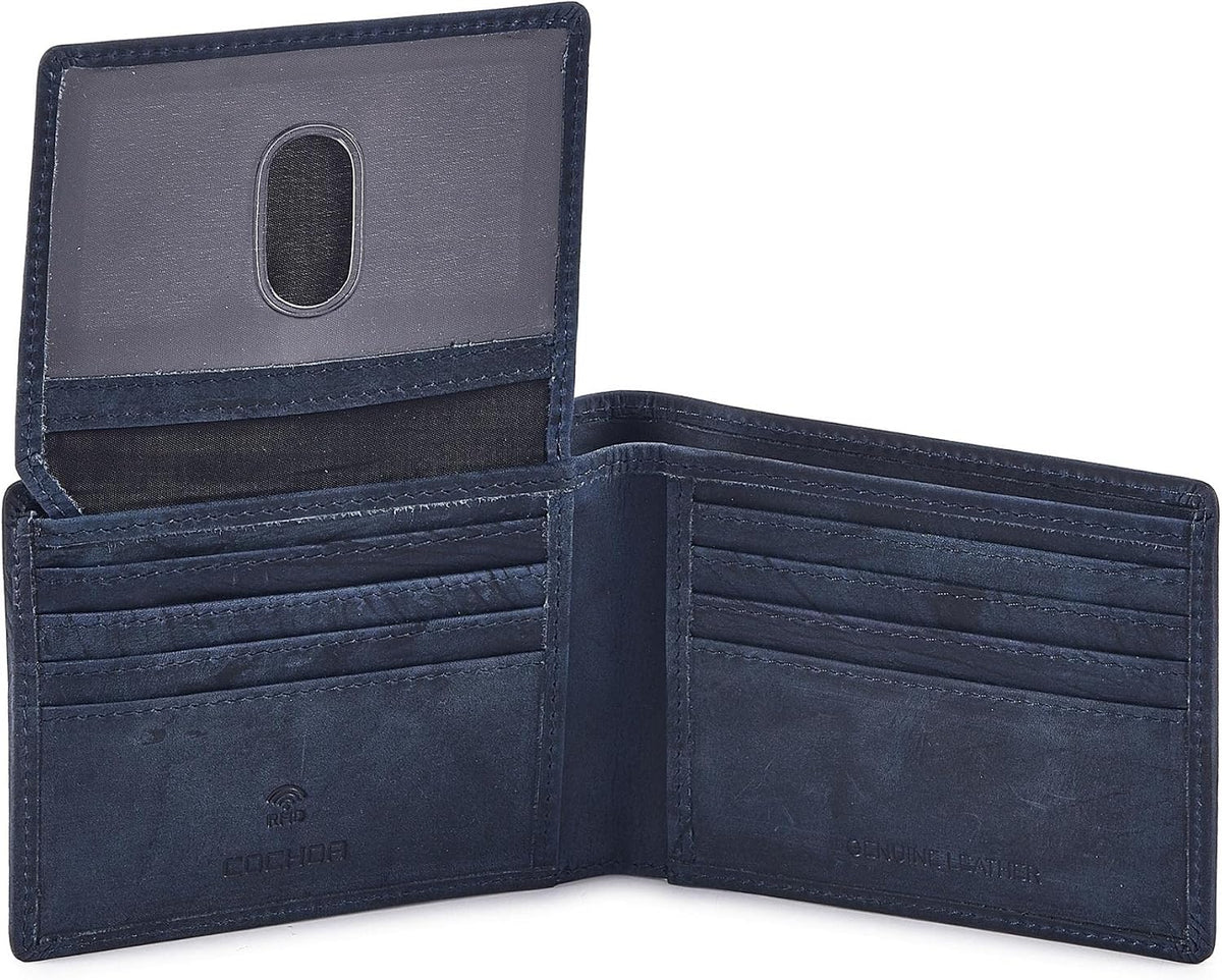 Cochoa Slim Leather Bifold Wallet in Navy Crazy Horse