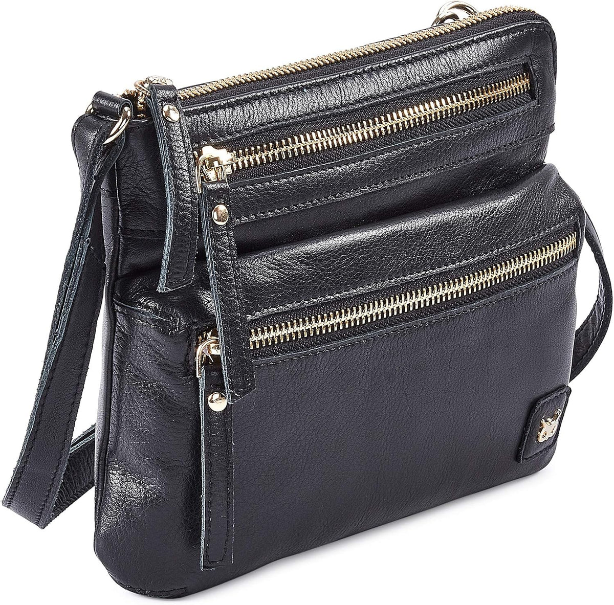 Wise Owl Accessories Small Leather Crossbody Bag in Black Nappa