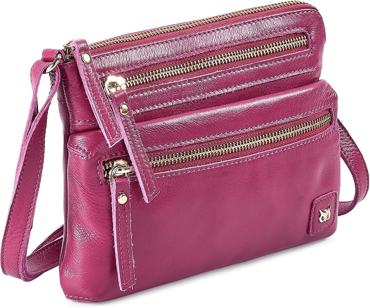 Wise Owl Accessories Small Leather Crossbody Bag in Fuchsia Pink Nappa