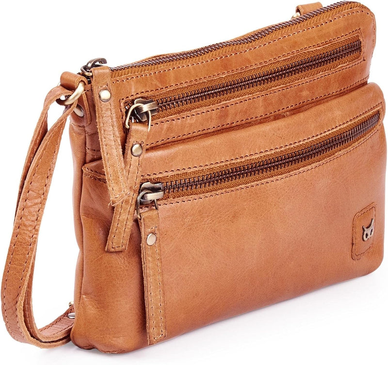 Wise Owl Accessories Small Leather Crossbody Bag in Mustard Multi-wax