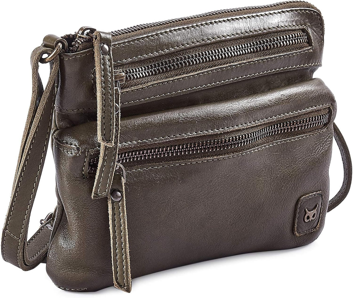 Wise Owl Accessories Small Leather Crossbody Bag in Olive Green Washed Vintage