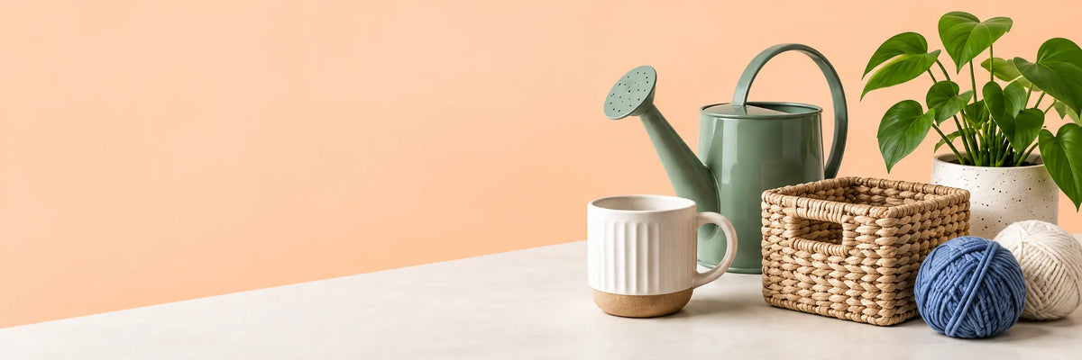 A watering can, ceramic mug, woven basket, yarn and a houseplant